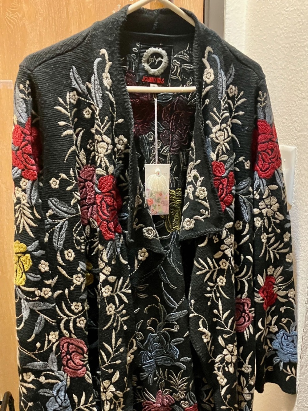 JOHNNY WAS Biya Pua Floral Embroidered Wrap Cardigan Black Multi Sz Medium